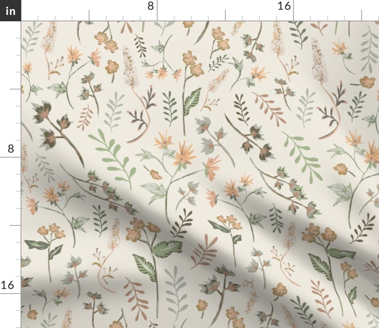 Sage Botanical Spring Floral Hand Drawn Garden Peach Green Beige Watercolor Meadow Custom Printed Fabric by Spoonflower Various Fabrics by the Yard or Fat Quarter